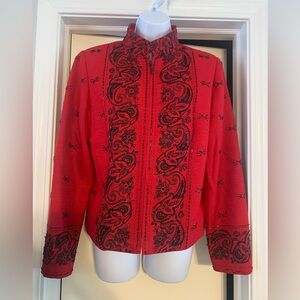 Elegant Red Women's Silk Blazer with Black Embroidery Size 8